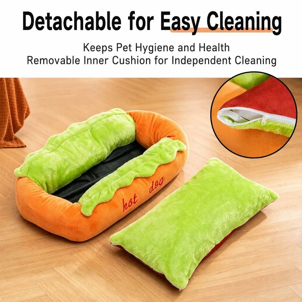 Detachable washable cushion hot dog pet bed with zipper