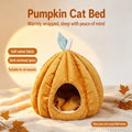 Pumpkin cat bed with autumn decor on fur blanket