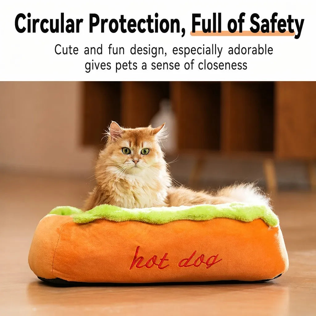 Circular protection hot dog pet bed with cat