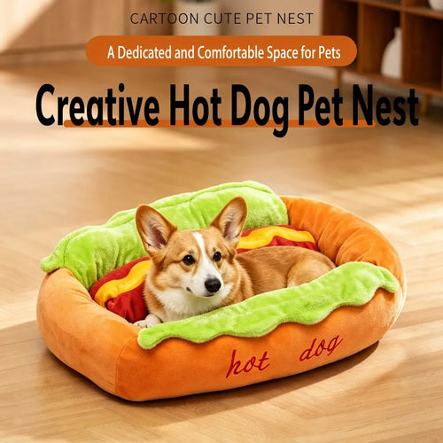 Cartoon hot dog pet bed with Corgi on wooden floor