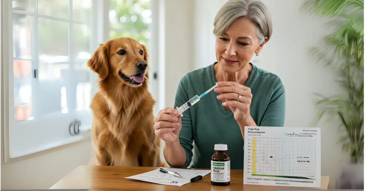 Valerian Dosage for Dogs by Weight 3 A woman carefully measures Valerian dosage using a syringe for her dog, with a golden retriever patiently waiting.