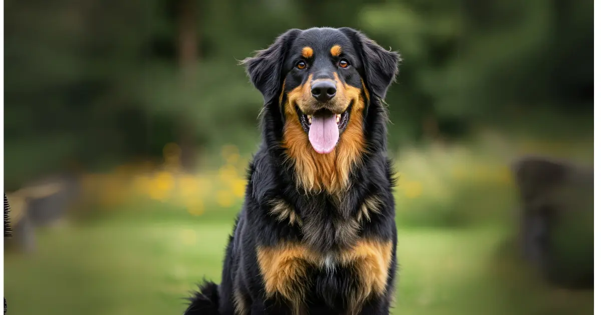 Hovawart Puppies: Traits, Care, and Everything You Need to Know 4 A happy adult Hovawart dog with a glossy black and tan coat, sitting proudly outdoors with a natural blurred background.
