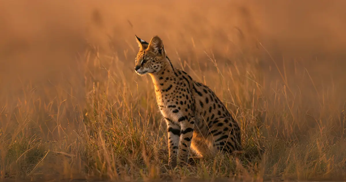 13 Cat Breeds with Ear Tufts (With Info & Pictures) 12 An African Serval wild cat with a spotted coat, sitting in tall grass during golden hour with a soft blurred background.