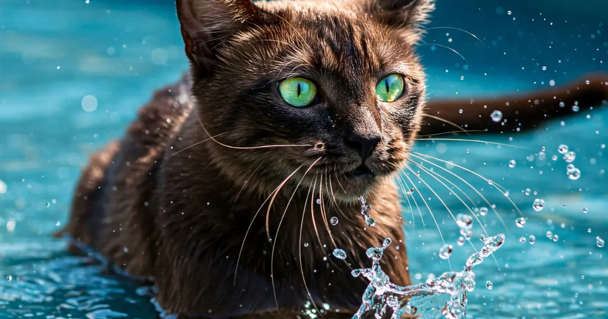 Meet the American Keuda Cat: Personality, Care, and More 2 A brown american keuda cat with striking green eyes splashing water while swimming.