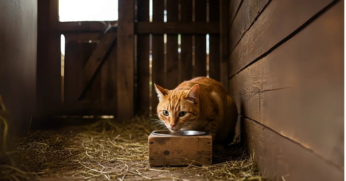 How to Keep a Barn Cat from Running Away: A Practical and Heartfelt Guide 2 A barn cat eating from a food bowl in a cozy, sheltered corner of the barn, surrounded by hay.