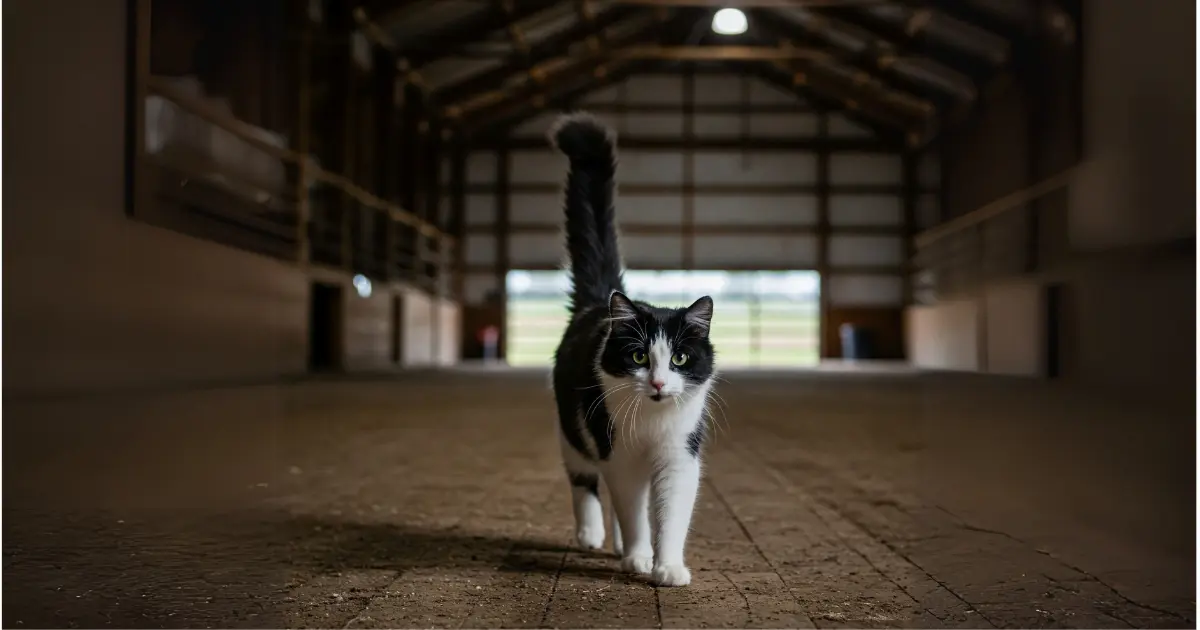 How to Keep a Barn Cat from Running Away: A Practical and Heartfelt Guide 3 A black-and-white barn cat confidently walking through the barn, exploring its new environment.