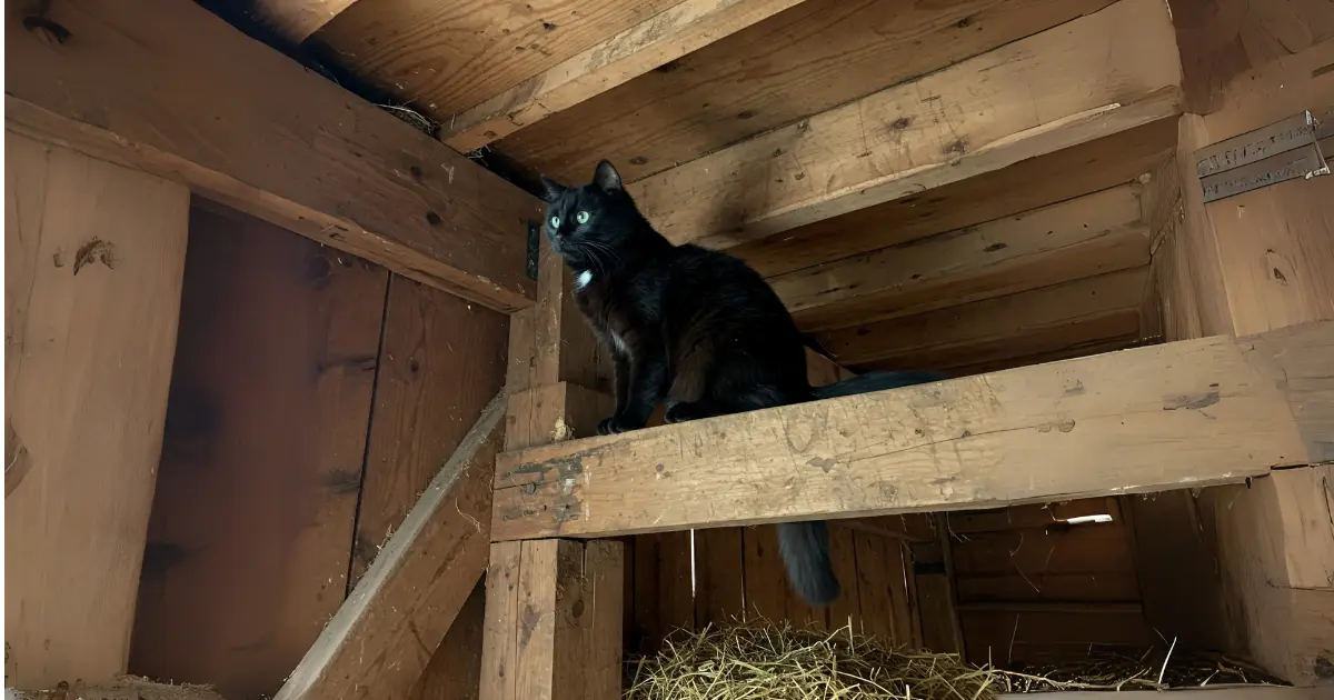 How to Keep a Barn Cat from Running Away: A Practical and Heartfelt Guide 4 A black barn cat perched on a wooden shelf, resting above a pile of straw, enjoying a high vantage point in the barn.