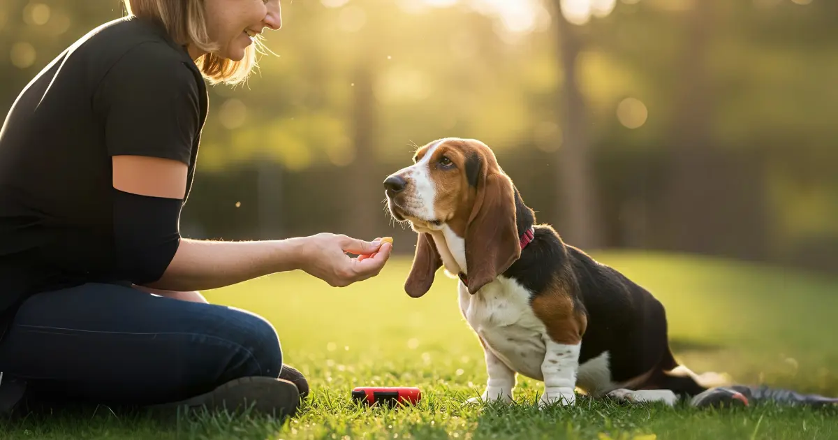 Basset Hound Breeding Problems: What Every Breeder Should Know 3 A Basset Hound sitting on the grass while a person offers it a treat during training in a sunny park.