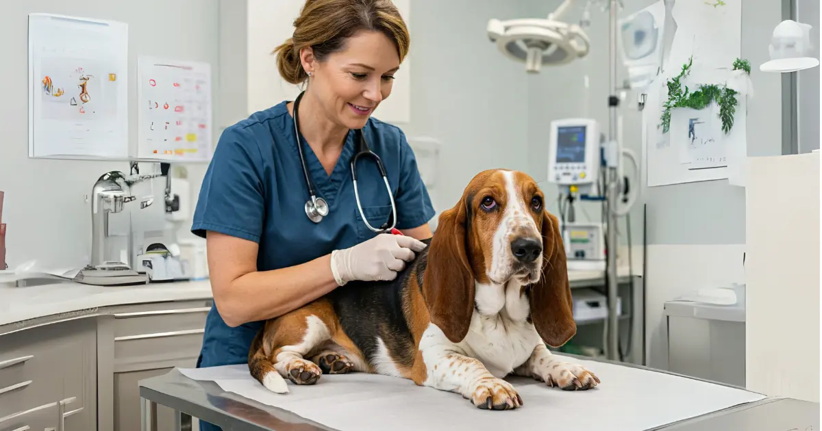 Basset Hound Breeding Problems: What Every Breeder Should Know 2 A veterinarian examining a Basset Hound at a veterinary clinic.