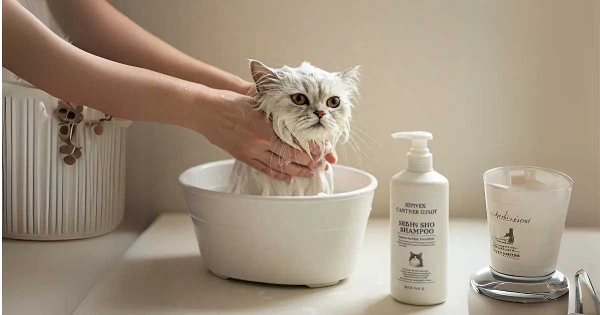 A person carefully bathing a Persian cat in a small tub with cat-safe shampoo, creating a peaceful grooming experience.