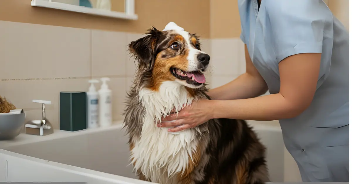 Australian Shepherd Fur – Pro Tips for a Healthy Coat 3 Groomer washing an Australian Shepherd in a bathtub with a gentle shampoo.