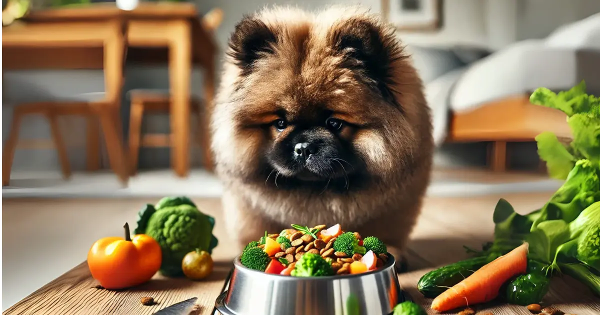  A Bear Coat French Bulldog standing near a bowl filled with vegetables and kibble.