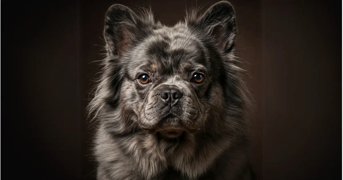 A close-up of a Bear Coat French Bulldog with a distinctive, fluffy coat.