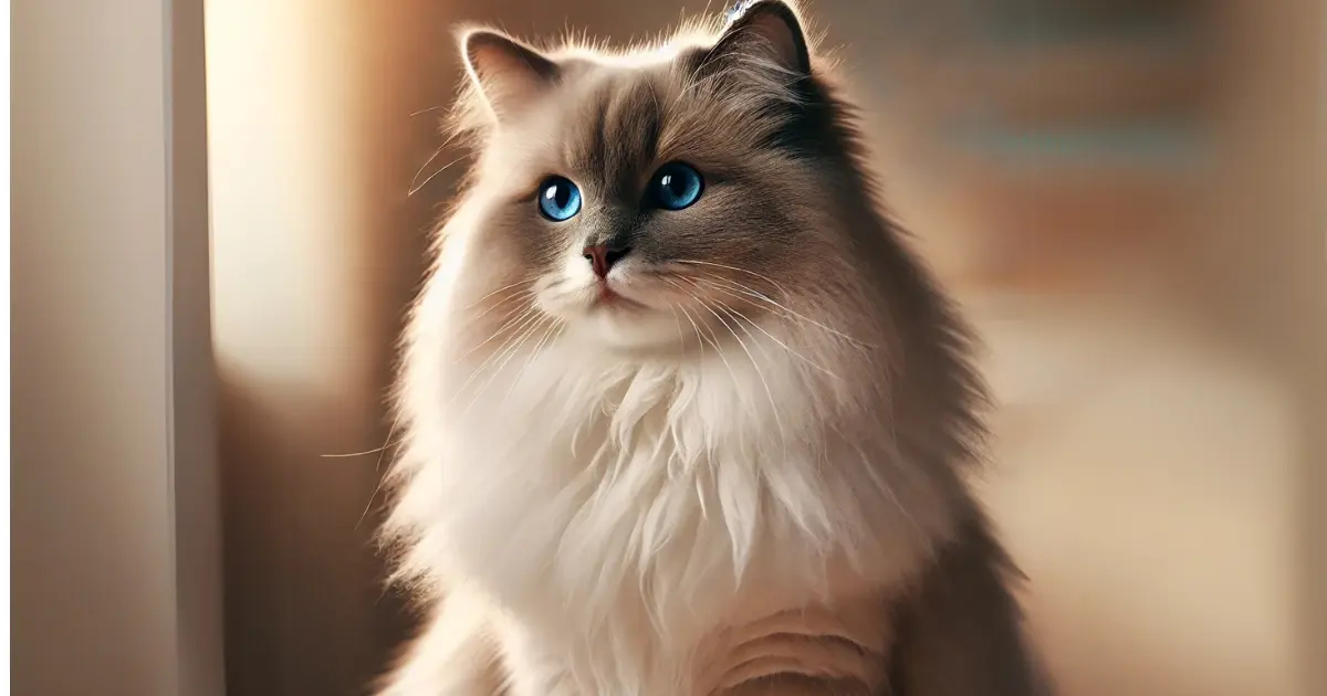 Munchkin Cat x Ragdoll: A Perfect Blend of Personality and Playfulness 3 A Ragdoll cat with a soft, fluffy coat and deep blue eyes, sitting gracefully with a calm demeanor.