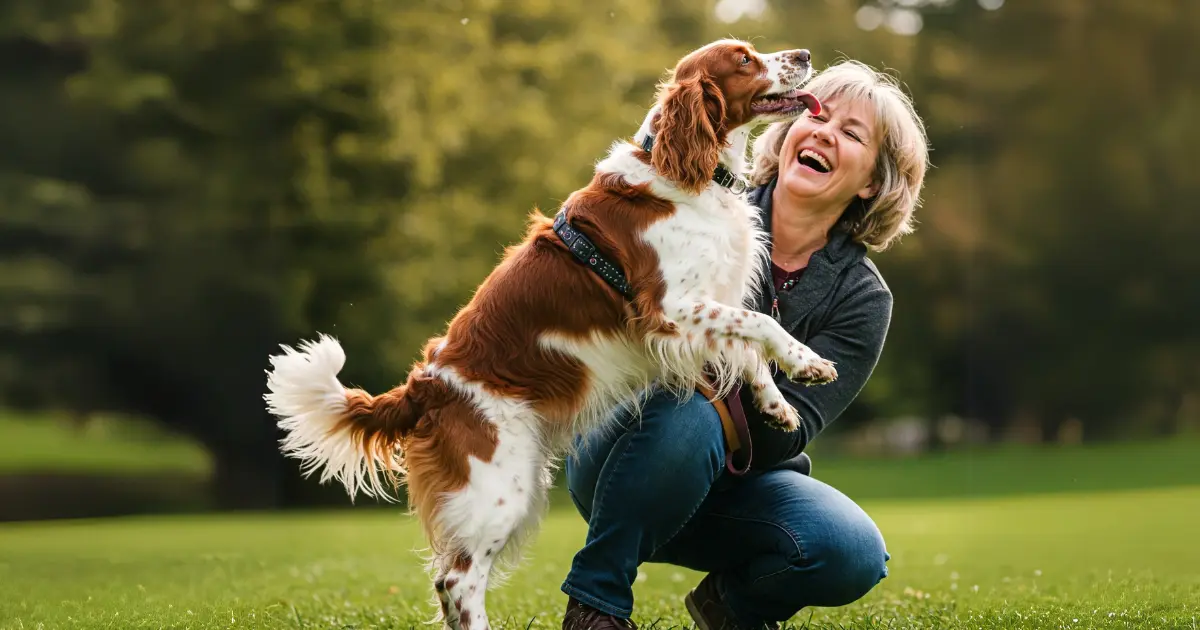 Understanding the Bench-Bred Springer Spaniel: Traits, Differences, and Care Tips 3 A joyful Bench-Bred Springer Spaniel playfully interacting with its owner, showing the breed’s affectionate nature and bond with families.
