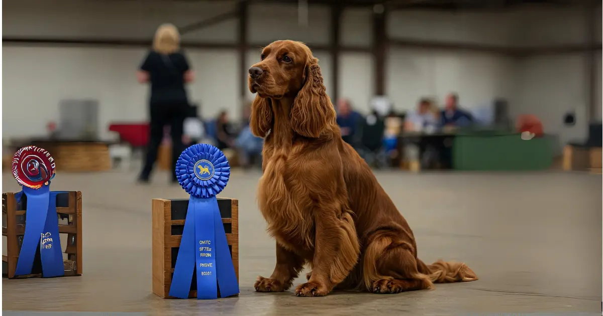 Understanding the Bench-Bred Springer Spaniel: Traits, Differences, and Care Tips 4 A proud Bench-Bred Springer Spaniel sitting next to its show ribbons in the competition ring.