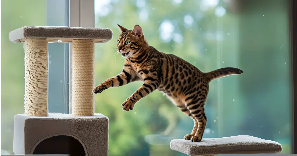  A Bengal cat mid-jump, leaping from one platform to another on a cat tree, showcasing its agility and playful nature.