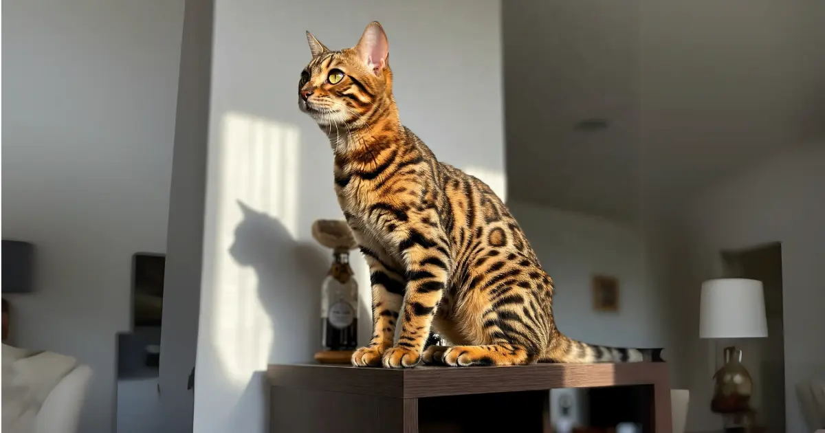 A Bengal cat standing proudly on a table, bathed in warm sunlight, with its distinctive spotted fur glowing.