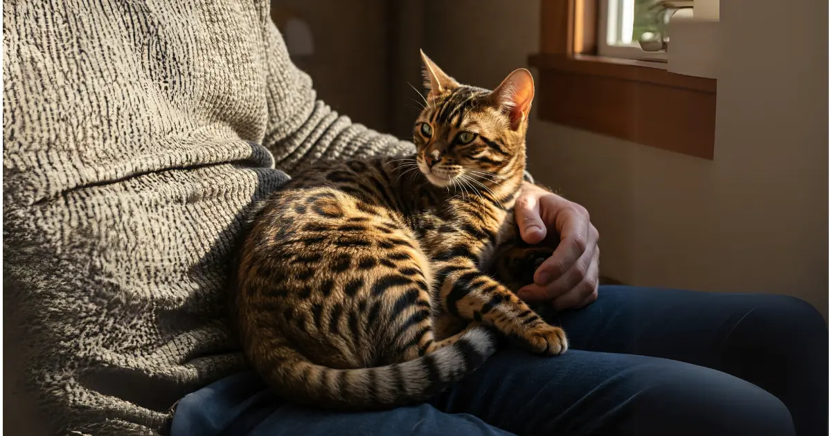 A Bengal cat curled up in the lap of its owner, comfortably resting in a warm, sunlit room.