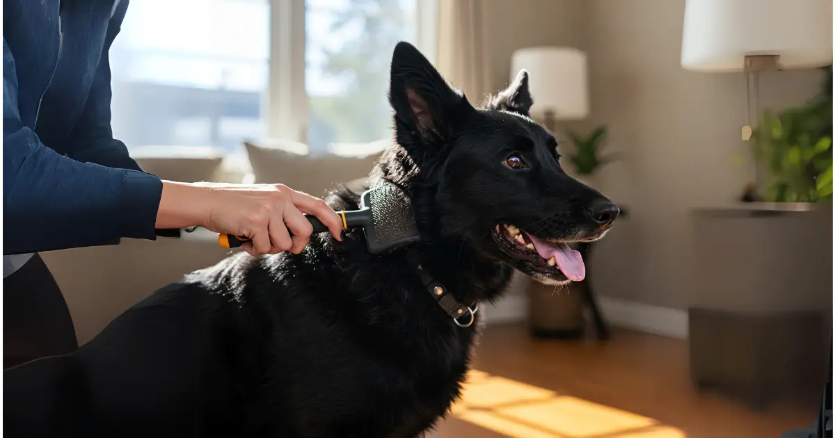Complete Guide to the Black German Shepherd Lab Mix Puppy 3 Owner brushing the coat of a Black German Shepherd Lab Mix in a well-lit room.