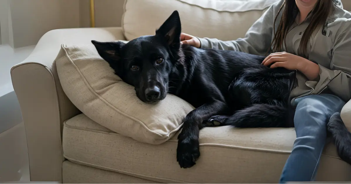 Complete Guide to the Black German Shepherd Lab Mix Puppy 2 Black German Shepherd Lab Mix resting on the couch with a person gently petting it.