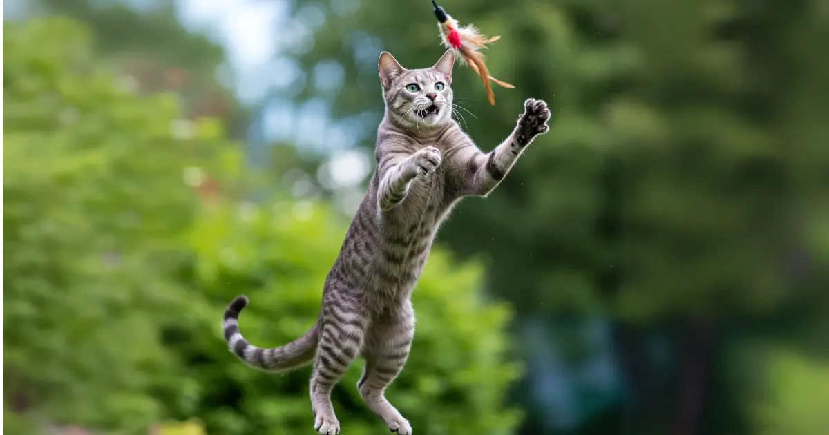 Blue Smoke Egyptian Mau: The Enigmatic Cat with a Misty Charm 3 A Blue Smoke Egyptian Mau leaping to catch a toy, showcasing its playful and energetic nature.