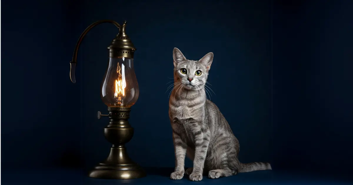 Blue Smoke Egyptian Mau: The Enigmatic Cat with a Misty Charm 2 A Blue Smoke Egyptian Mau posing elegantly next to an antique lantern, showcasing its striking coat and captivating green eyes.