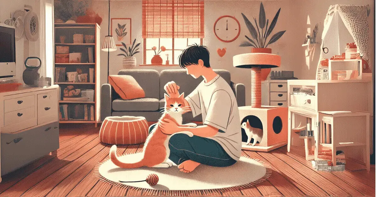 Why Do Cats Knead and Other Quirky Behaviors 3 A cozy room with a person petting a content cat, surrounded by a cat-friendly setup with toys, scratching posts, and a warm atmosphere.