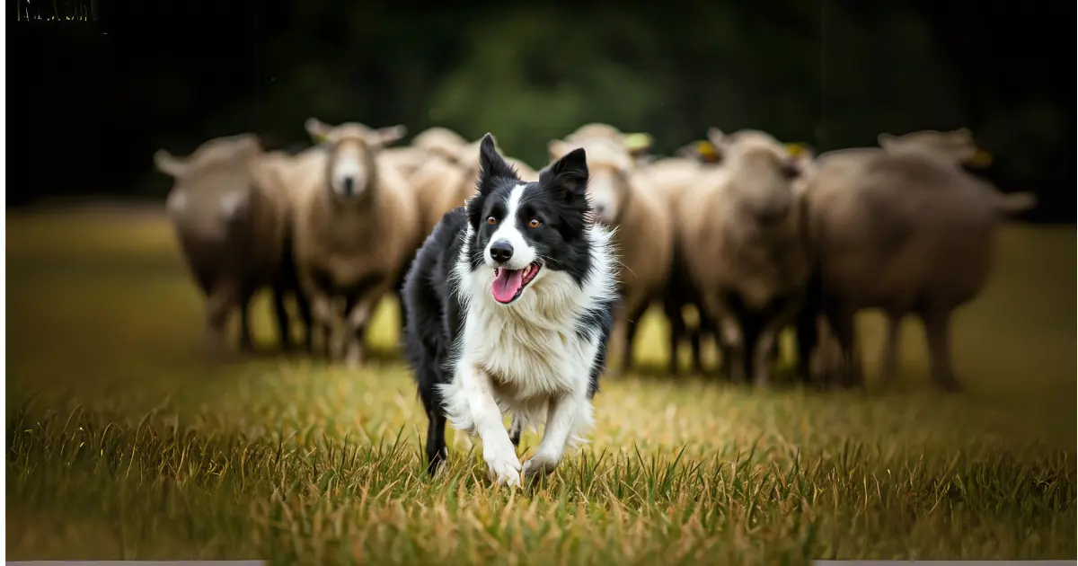 Dog Breeds Overview: Find Your Perfect Match 2 A Border Collie actively herding a group of sheep in a grassy field, with a focused and energetic expression.