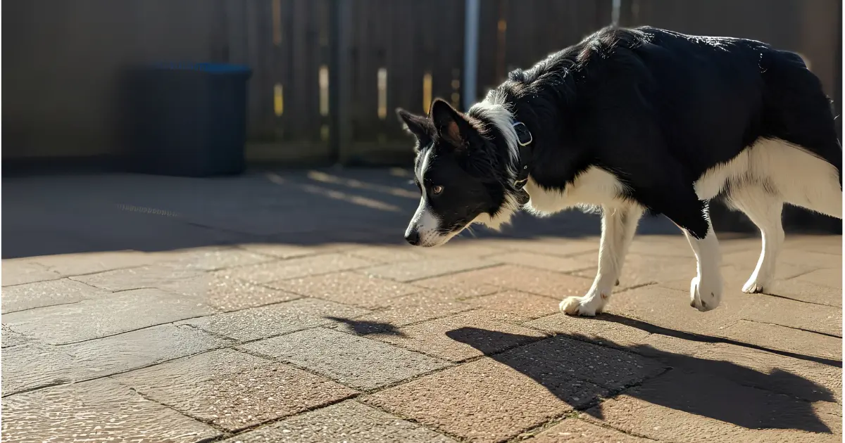  A Border Collie dog intently sniffing the ground in a sunlit outdoor area.