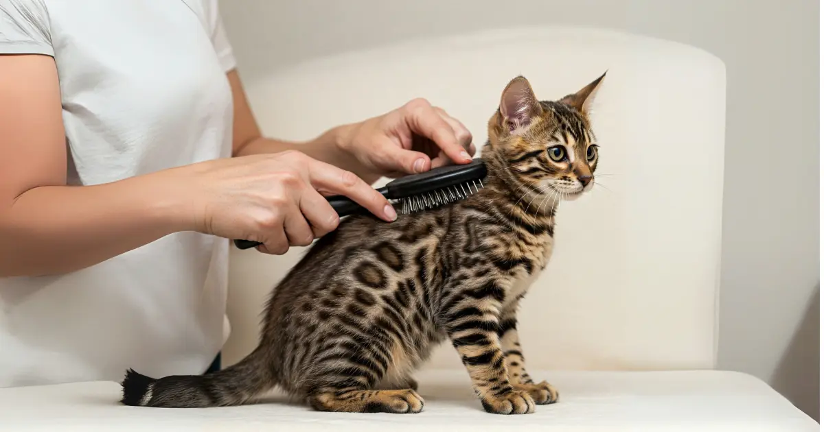 Cashmere Bengal Kittens: Everything You Need to Know 2 Brushing a Cashmere Bengal kitten to maintain its smooth, shiny fur.