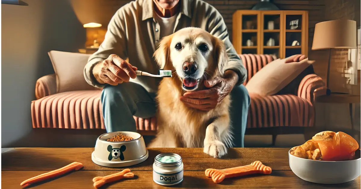 The Ultimate Guide to Keeping Your Senior Dog's Smile Healthy 2 An elderly man gently brushes his senior golden retriever's teeth in a cozy living room, with dental treats and dog-safe toothpaste on the table.