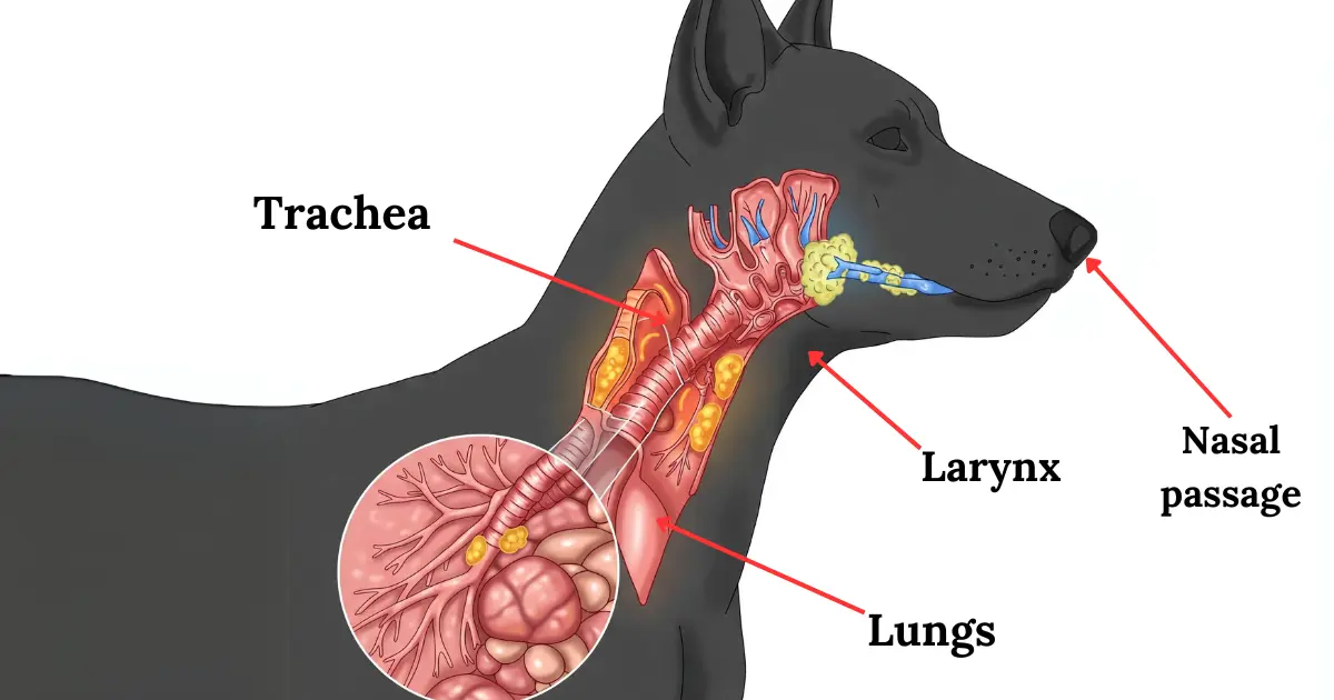  Anatomical illustration of a dog's respiratory system, highlighting the trachea, larynx, nasal passage, and lungs.