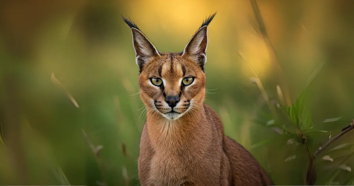 13 Cat Breeds with Ear Tufts (With Info & Pictures) 13 A Caracal wild cat with tufted ears and striking eyes, sitting in tall grass with a soft blurred background of nature.
