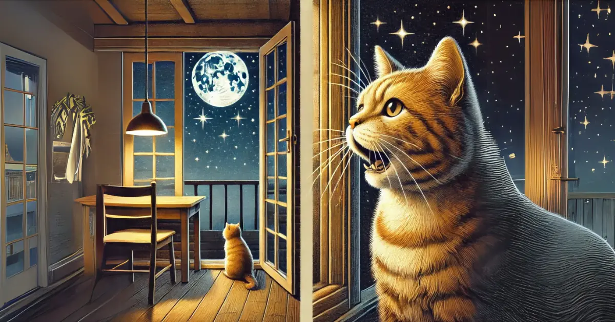 Why Is My Cat Meowing More Than Usual? Understanding Feline Vocalizations 3 A cat sitting by a window at night, meowing with the moon and stars shining outside, surrounded by a cozy indoor ambiance.