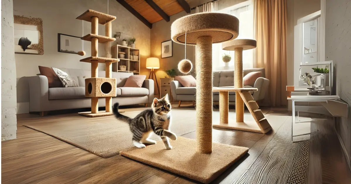 A playful tabby cat near a sisal-covered scratching post in a cozy living room with cat trees and warm, stylish decor.