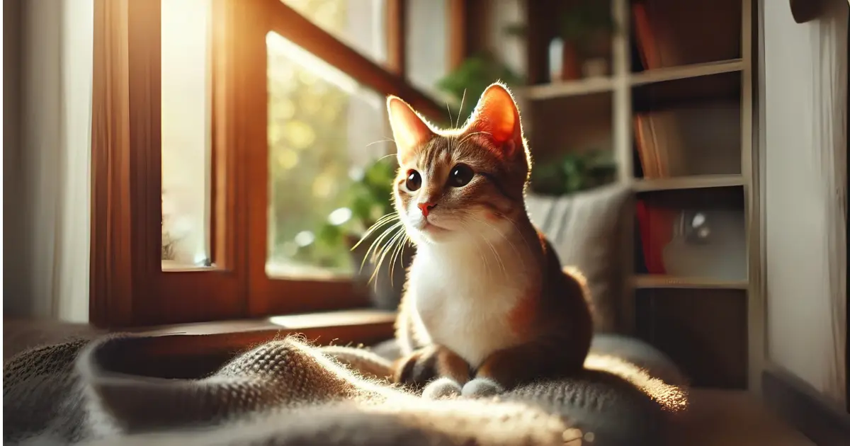 A cat sitting on a blanket near a sunlit window, looking outside with a curious expression.