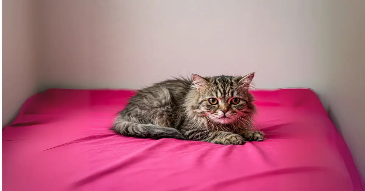 A cute cat lying on a pink bed, looking calm and relaxed.