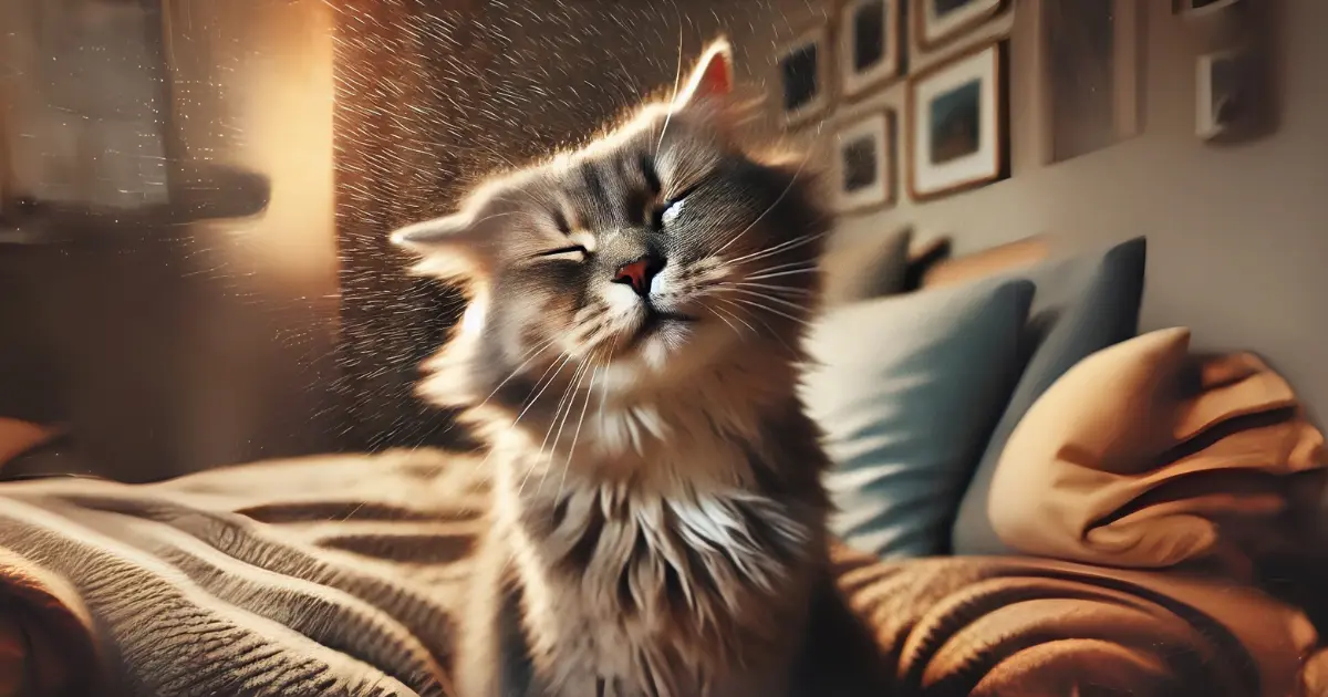 Cat Ear Cleaning: A Simple Guide to Safely Clean Your Cat’s Ears 1 A cat shaking its head playfully after ear cleaning, with fur slightly flying, in a cozy, sunlit room.