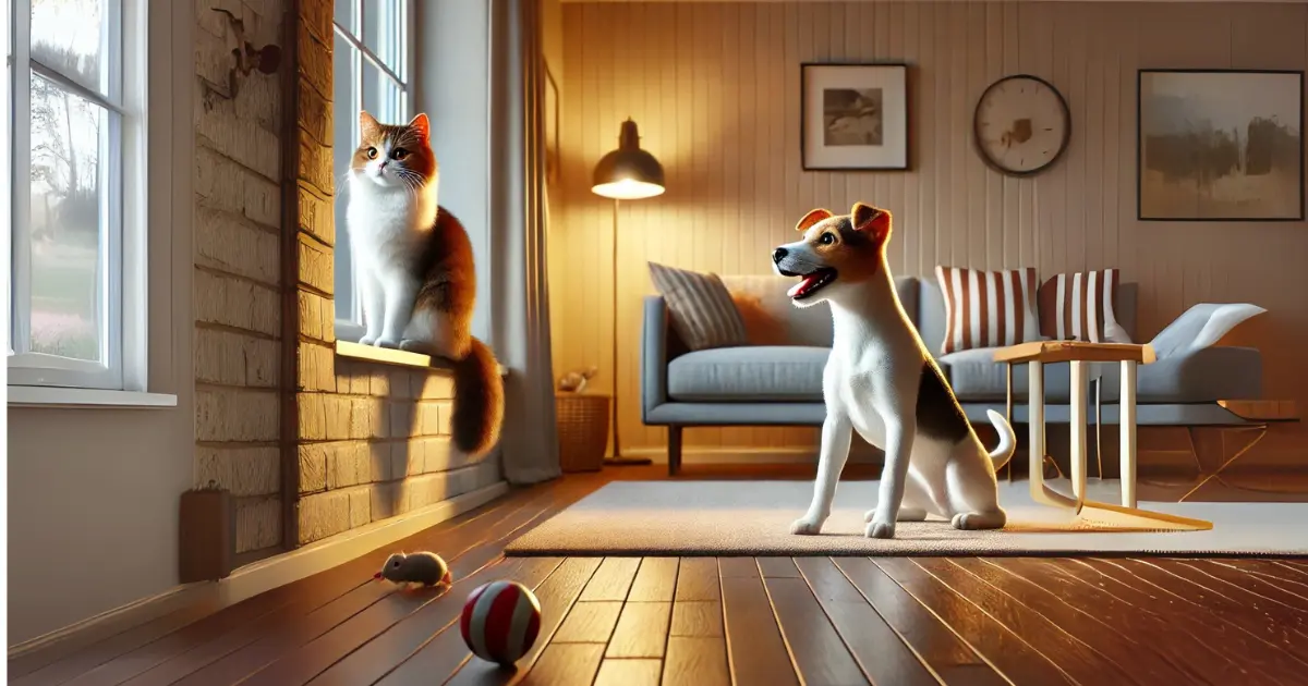 "A cat sitting on a windowsill and a dog on the floor in a cozy living room with warm lighting."