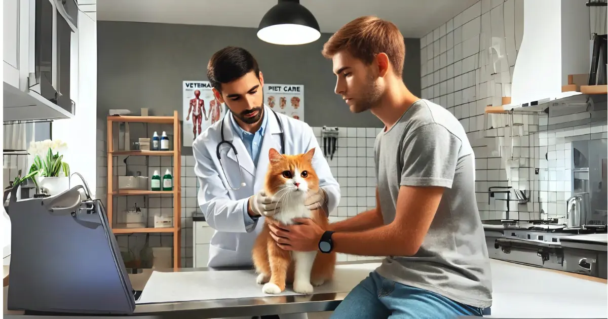 Why Is My Cat Meowing More Than Usual? Understanding Feline Vocalizations 4 A veterinarian examining an orange and white cat held by its owner in a modern clinic setting.
