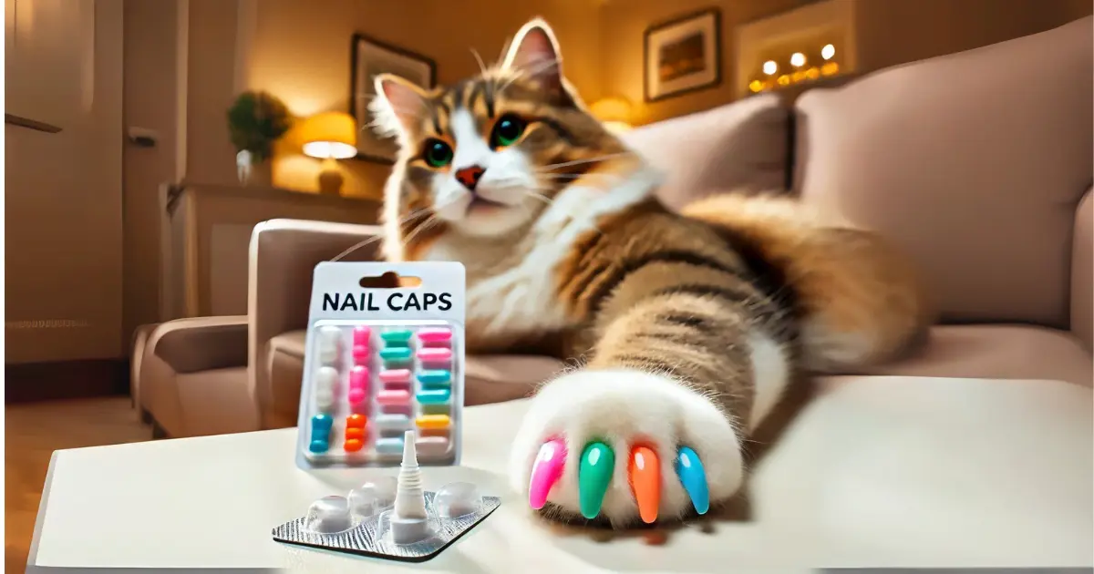 A fluffy cat lounging on a sofa, showing off colorful nail caps on its claws, with a nail cap kit and adhesive on the table nearby.