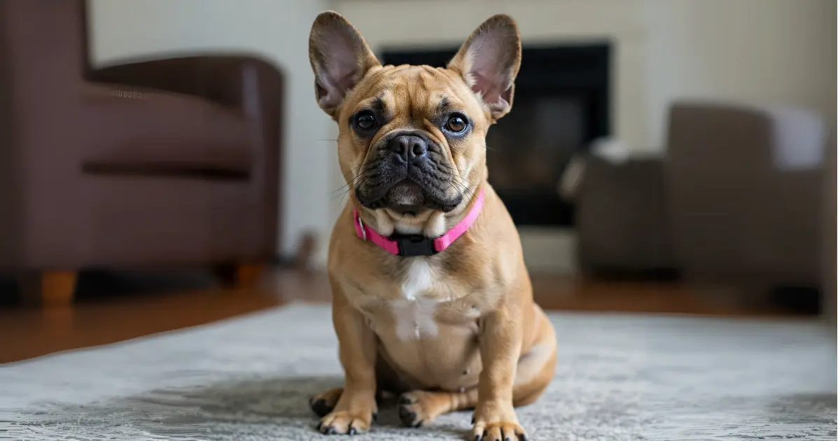 What Are the Whiniest Dog Breeds? 9 A French Bulldog with a tan coat and pink collar sitting on a rug in a cozy living room, looking attentively.