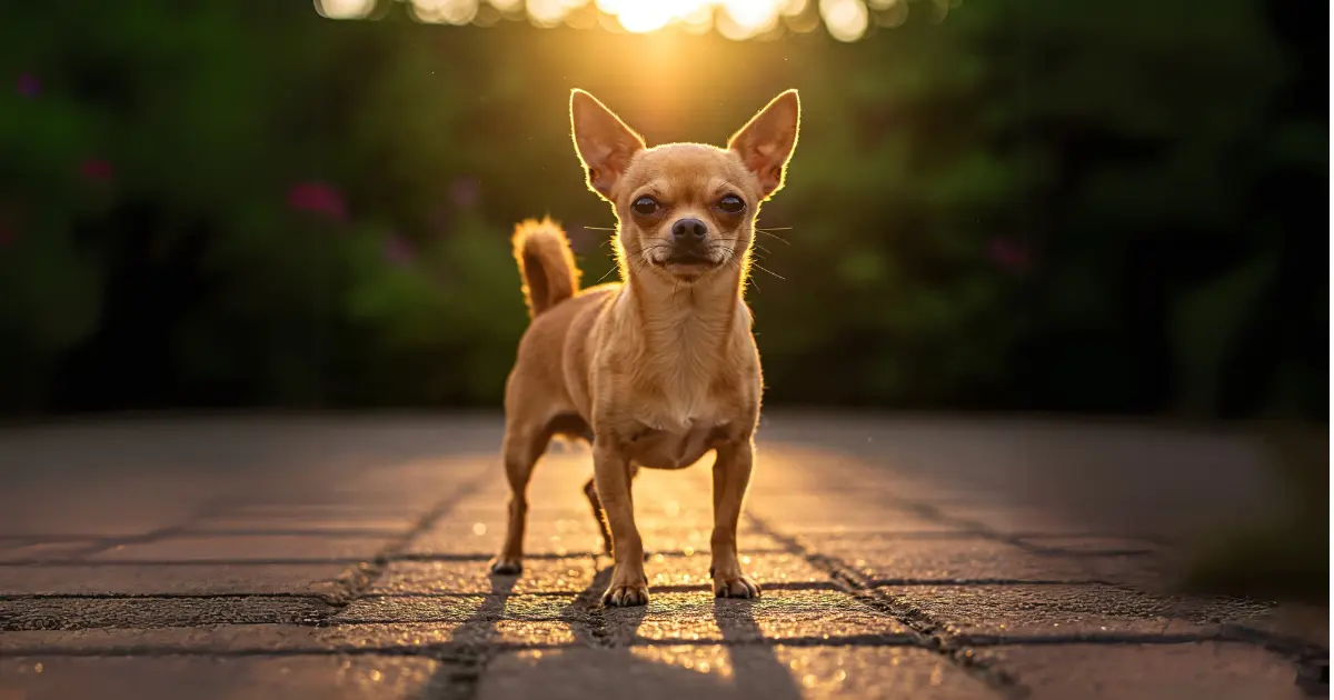 What Are the Whiniest Dog Breeds? 2 A chihuahua standing confidently on a paved surface with the sun setting behind.