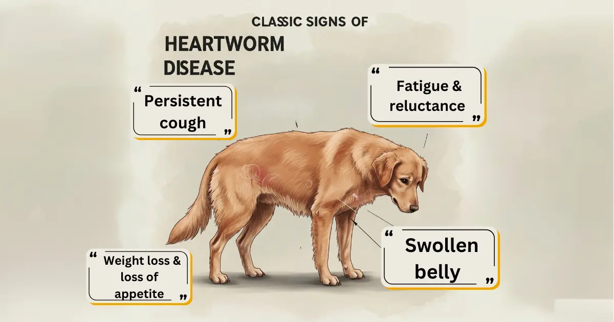 How to Get Over-the-Counter Heartworm Medicine for Dogs 3 A golden retriever with labels highlighting symptoms of heartworm disease: persistent cough, fatigue, weight loss, and swollen belly.