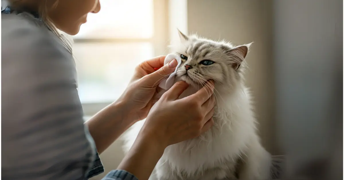 A person gently wiping a Persian cat’s face to clean tear stains, showing a calm and careful grooming routine.