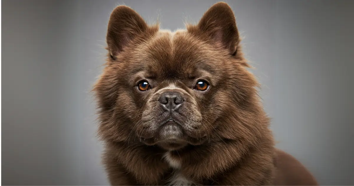 A Bear Coat French Bulldog with a fluffy brown coat and intense gaze.