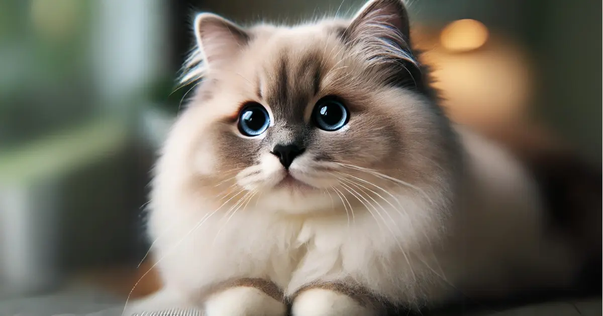 Munchkin Cat x Ragdoll: A Perfect Blend of Personality and Playfulness 4 Close-up of a Munchkin x Ragdoll hybrid cat with large, expressive eyes and fluffy coat, showcasing its unique features.