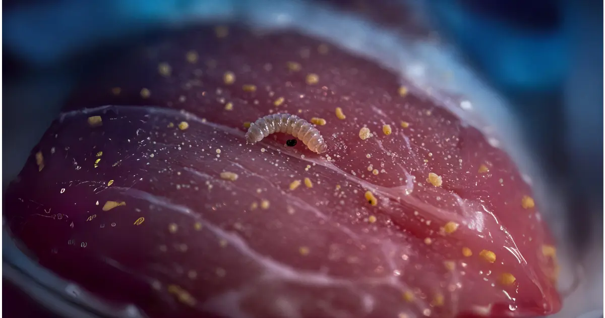  A close-up image of raw meat showing visible signs of contamination, with a parasite on the surface, highlighting the dangers of feeding raw meat to cats.