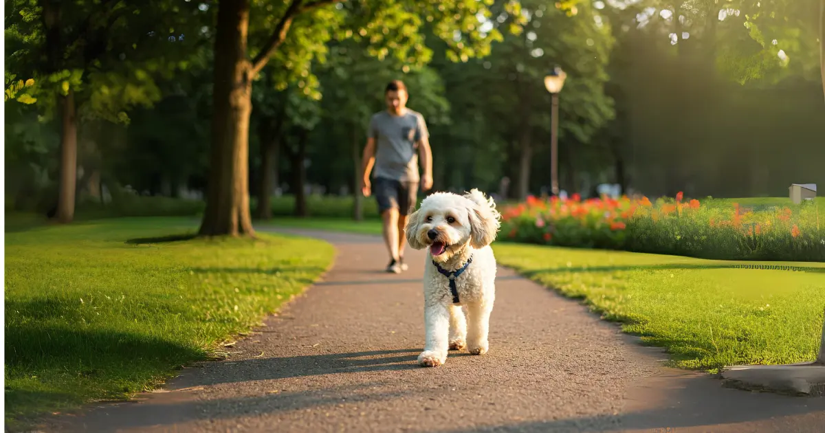 The Phantom Cockapoo: A Loving and Distinctive Family Pet 6 A Cockapoo walking happily on a path in the park with its owner strolling behind.